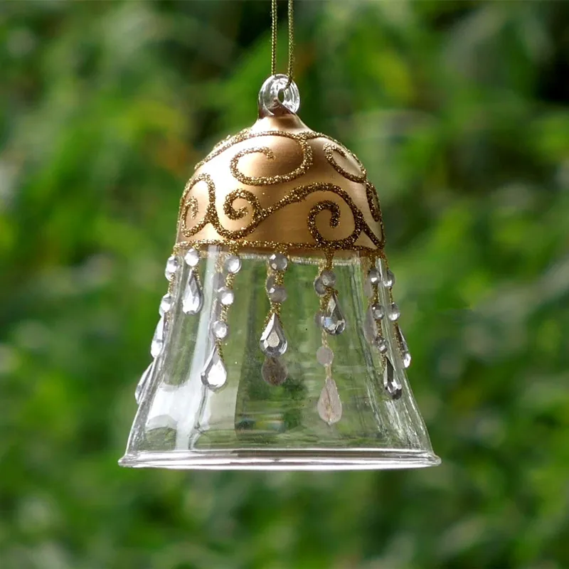 

64pcs/pack 8*10cm Bell Shaped Glass Pendant Gold Drawing Hanger School Window Wedding Decoration Christmas Day Prop