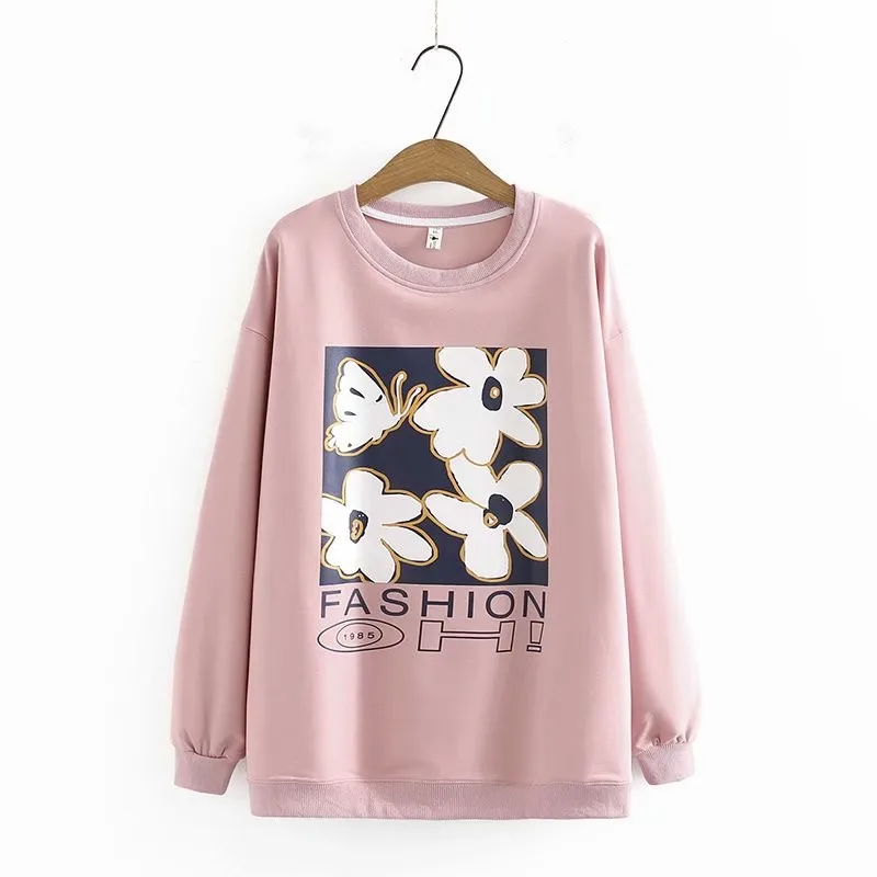 

Women's Hoodies Plus Size Clothing 2021 Autumn Winter Fashion Sweatshirts Drop Shoulder Sleeve O-Neck Flower Printing Tops