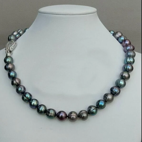 

10 мм Черный Серый Зеленый Цвета барокко круглый жемчуг ожерелье натуральный пресноводный жемчуг женские ювелирные изделия 35 см 43 см 15 ''17''