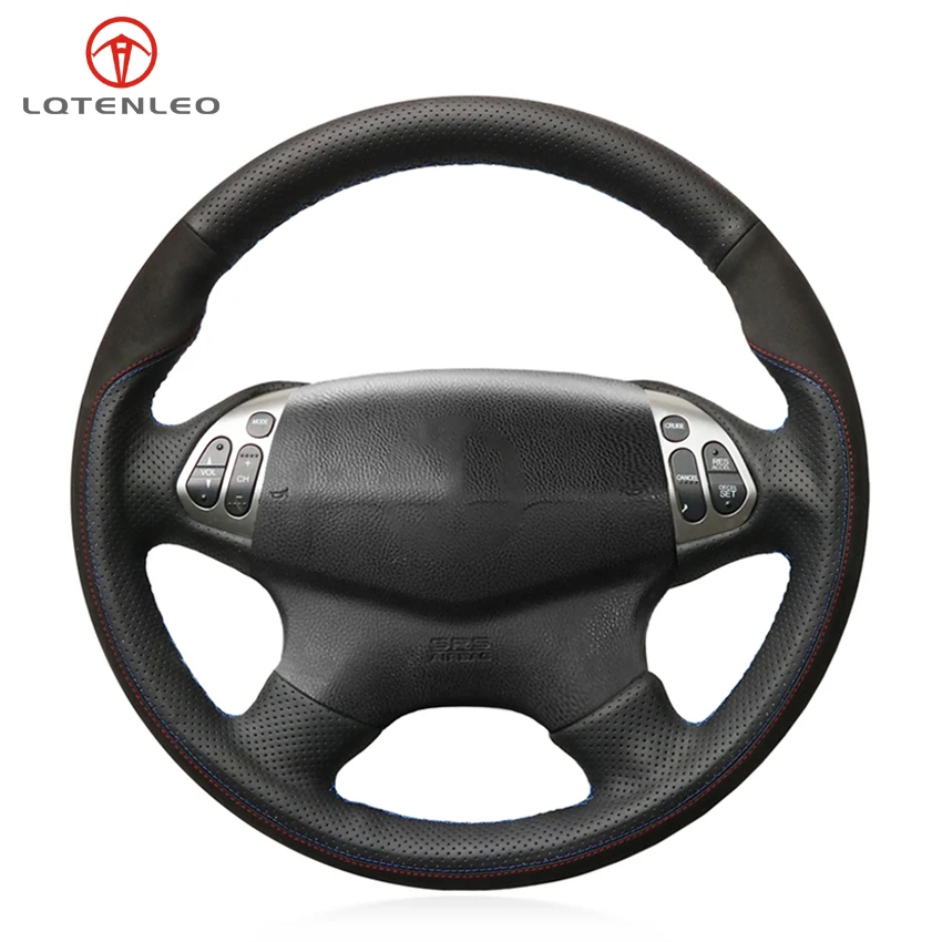 

LQTENLEO Black Genuine Leather Black Suede Hand-stitched Car Steering Wheel Cover For Acura TL 2004 2005 2006 (4-Spoke)