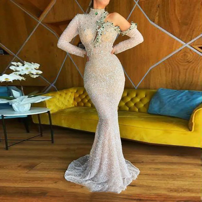 

White Fashion Elegant Exquisite Evening Dress Crystals Floor Length Mermaid Dress Saudi Arabia Prom Dress Plus Size Custom Made