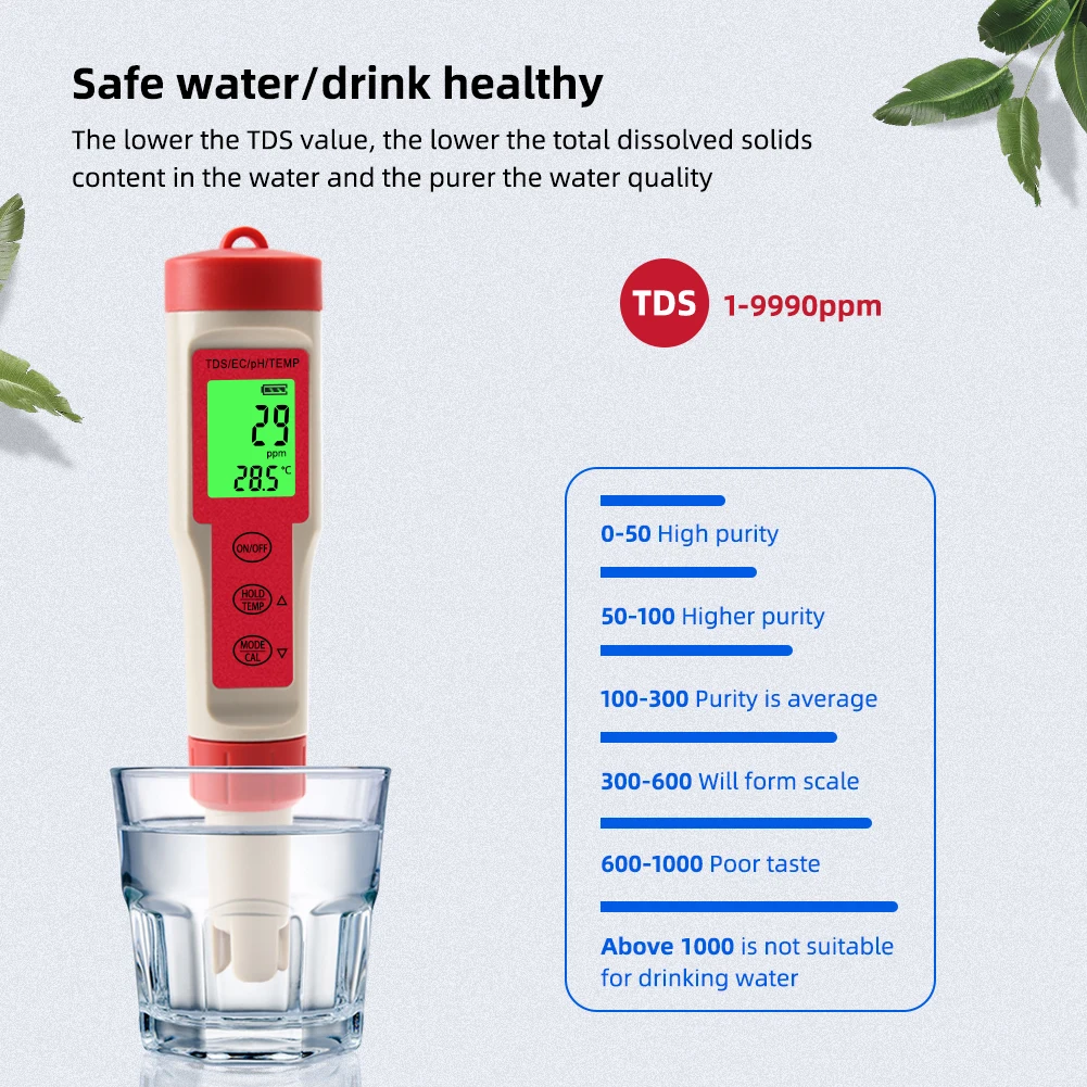 Измеритель кислотности 4 в 1 TDS EC цифровой тестер температуры и PH с ЖК дисплеем для