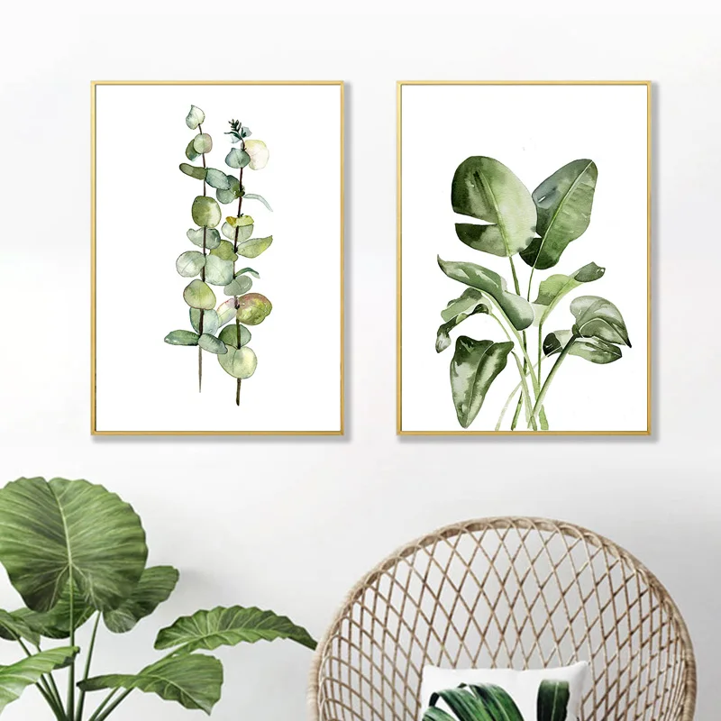 Плакаты и принты акварельных листьев настенная Картина на холсте с зелеными