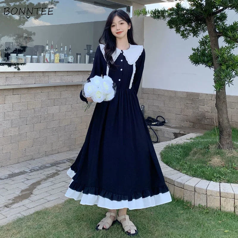 

Женское платье с длинным рукавом, винтажное нежное платье составного кроя со вставками, универсальное женское платье-трапеция до середины ...