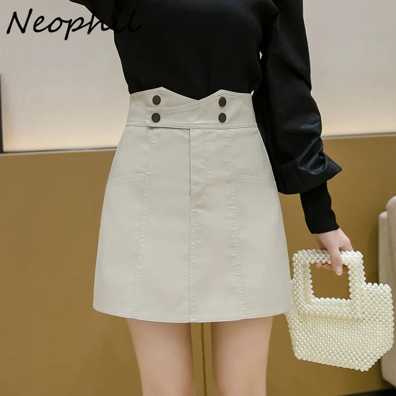 

Neophil Women Solid Winter Mini A-Line Skirts Button High Waist England Style Bodycon Stretch Ladies Office Short Skirts S9725