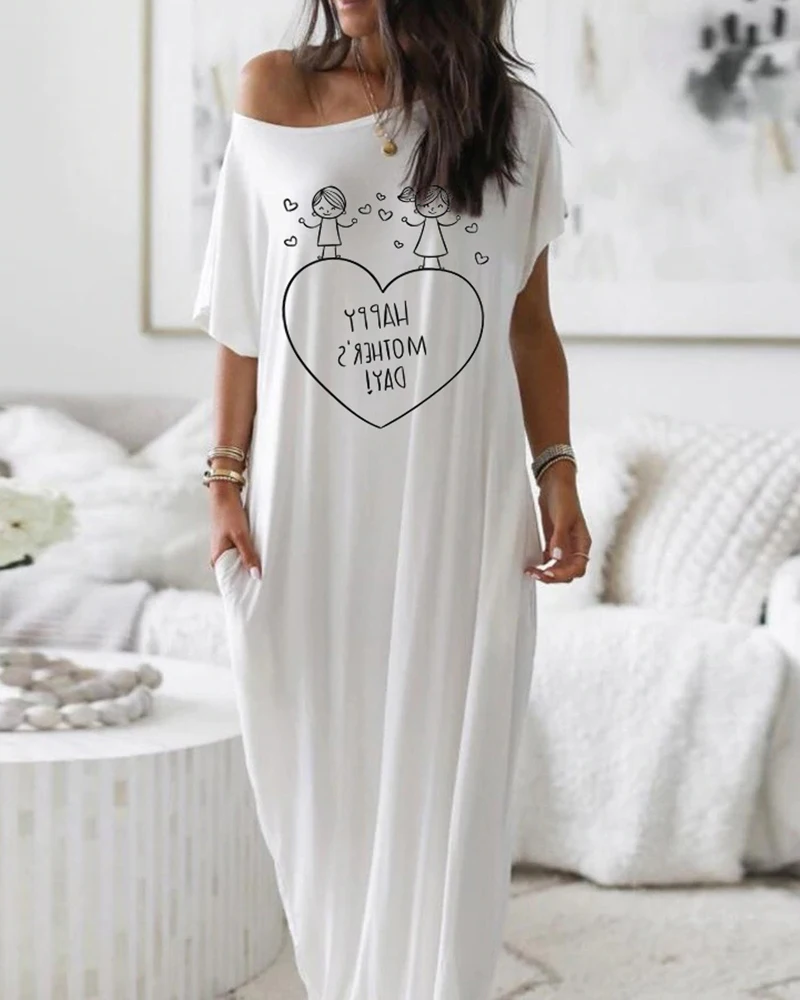 

Women Summer Elegant Heart Print Short Sleeve Casual Dress Lady White O Neck Maxi Dress