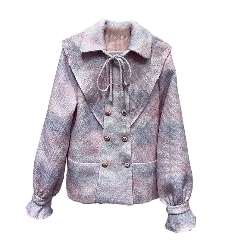 

Pink Tie Dye Coat Women High Quality Silk Runway Long Sleeves Turn-down Collar Tops Fashion Lace Up Vintage Chic Jackets