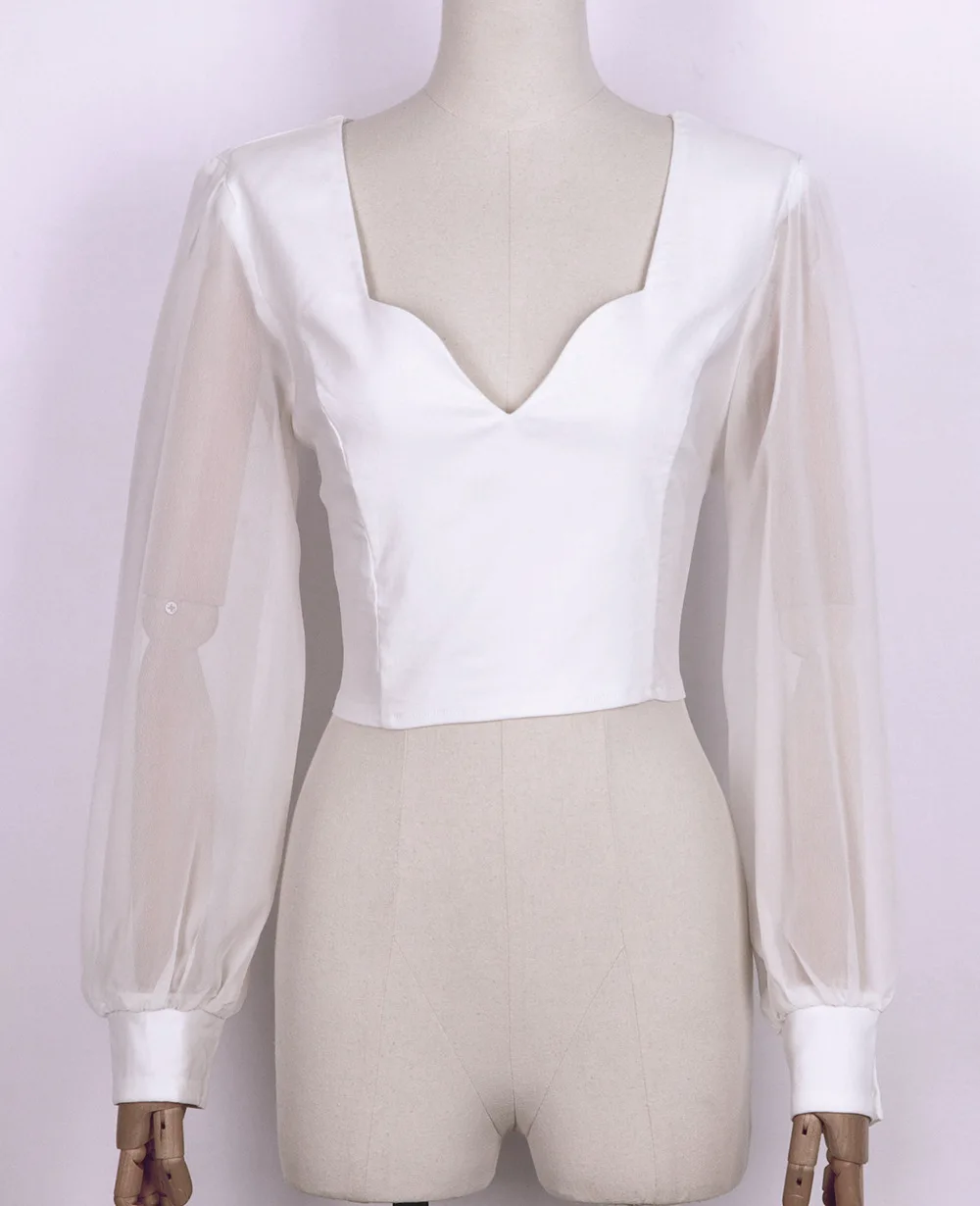 Сексуальный укороченный топ Весна Длинный фонарь рукав v-образный вырез сплошной