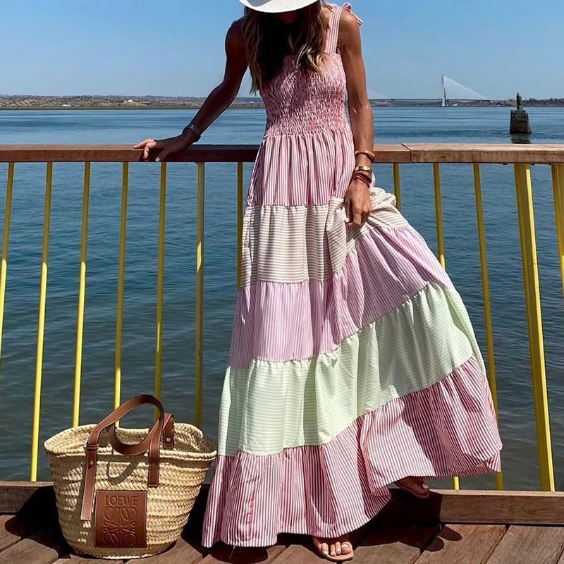 

2021 New Women Square Collar Backless Long Party Dress Summer Casual Sleeveless Sling Ladies Dress Printing Elegant Streetwear