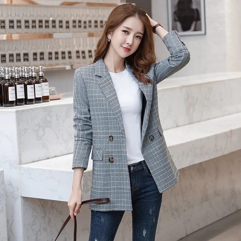 Модный клетчатый маленький костюм куртка с длинным рукавом пальто для женщин
