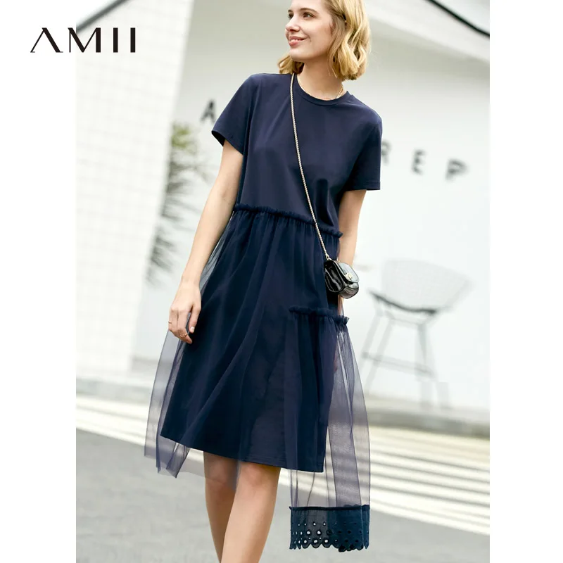 Amii летнее женское лоскутное платье повседневное однотонное кружевное с коротким