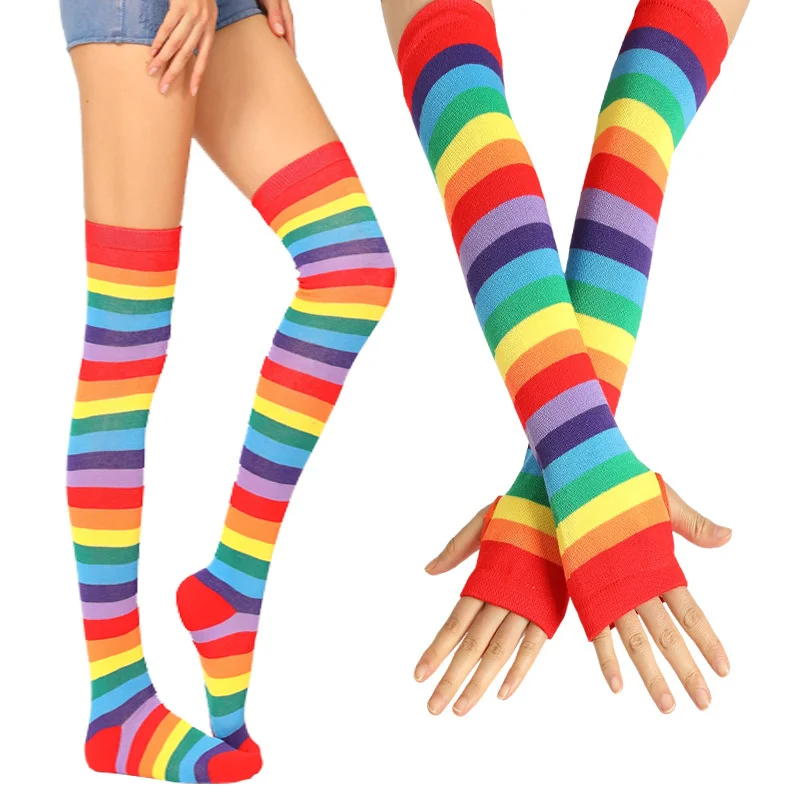 

New Colorful Rainbow Stockings Thigh Knee Socks Warm Striped Arm Warmer Gloves Christmas Gifts Women Lolita Cosplay Costume
