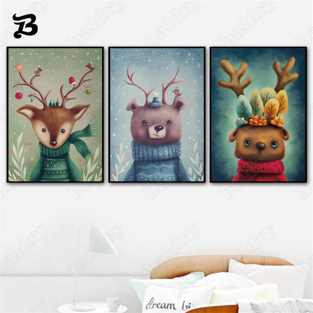 

Canvas Painting Cute Colorful Bear Animals Elk Sloth Sika Deer Wall Art Nordic Posters Prints Wall Pictures for Kids Room Decor