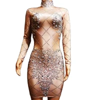 new spandex women long sleeve dresses shining diamonds backless stretch dresses nightclub stage performance costume