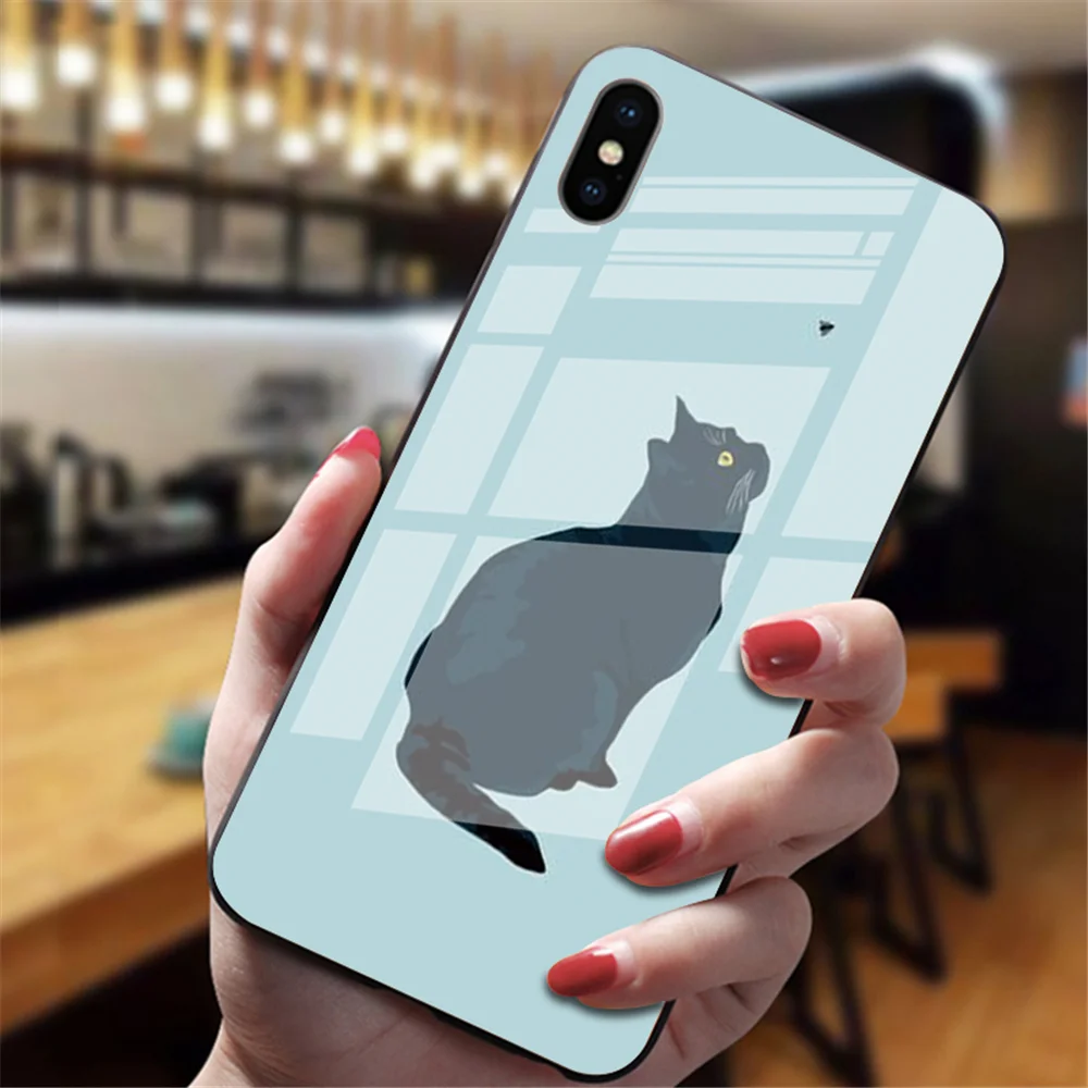 Забавная Милая задняя крышка с изображением кота для iphone XS Max XR X 5 5S 6 6S 7 8 Plus 11 Pro Max, милые чехлы из закаленного стекла - Цвет: 8051