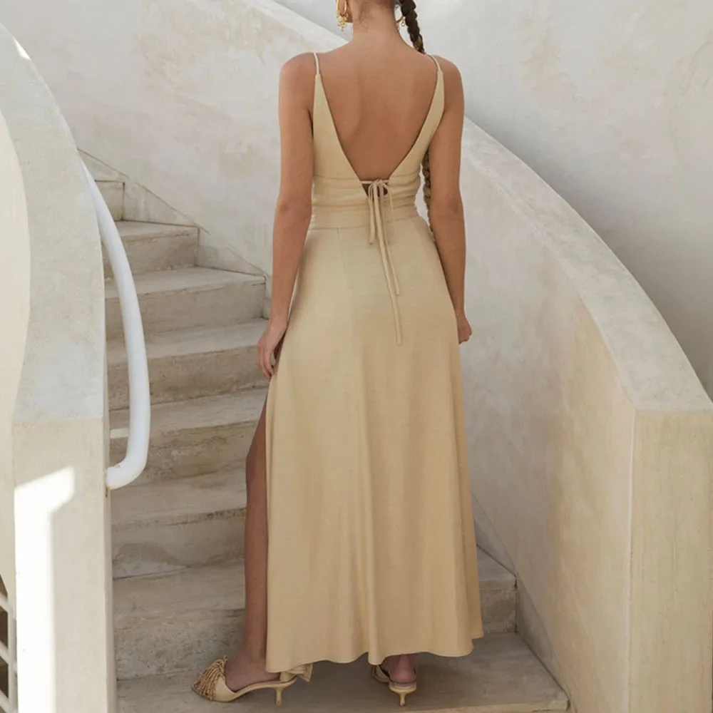 

Western Style Fashion Sexy Summer Dress 2021 Temperament Casual Deep V-neck Split Fork Solid Color Lace Simple Designer