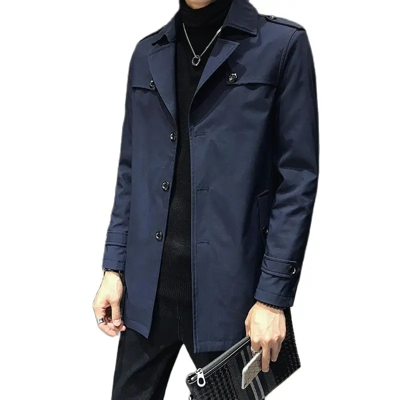 Осеннее черное мужское длинное пальто ветровка модная деловая Повседневная