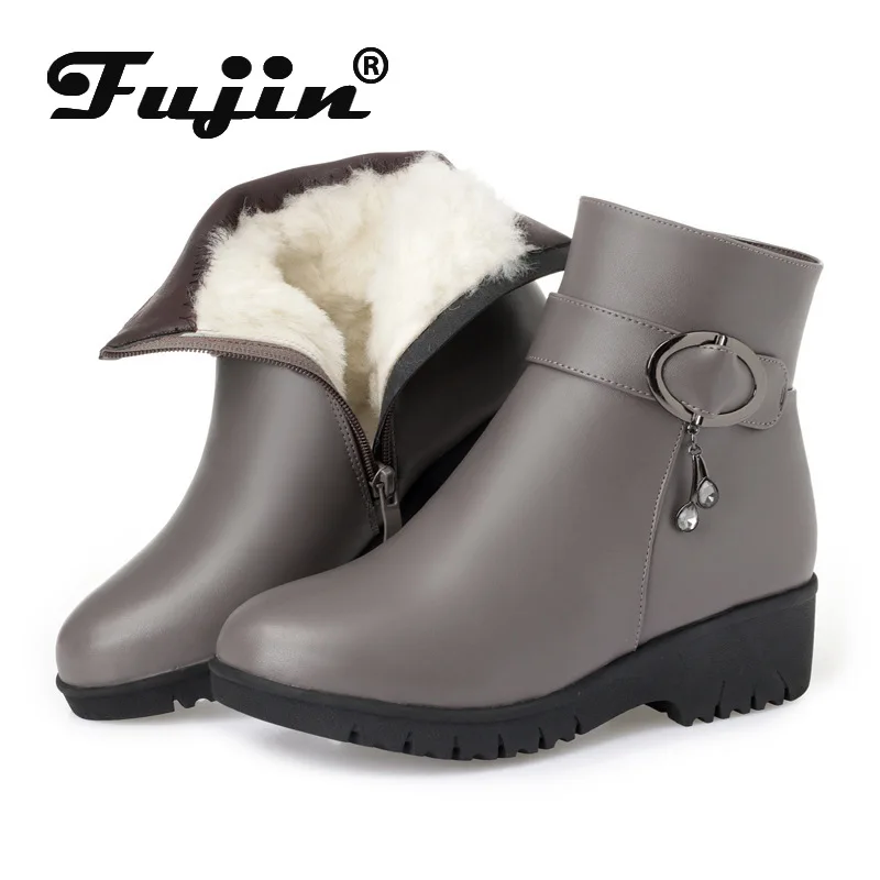 Fujin/шерстяные женские зимние ботинки Теплая обувь из натуральной кожи на плоской