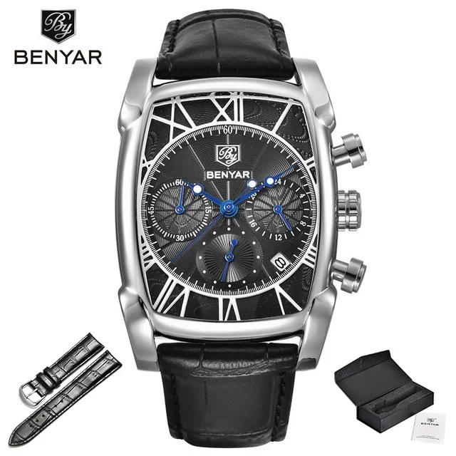 Silver black Топ люксовый бренд мужские s часы BENYAR кварцевые Бизнес наручные часы мужские модные спортивные водонепроницаемые хронограф Relogio Masculino - Цвет: Silver black