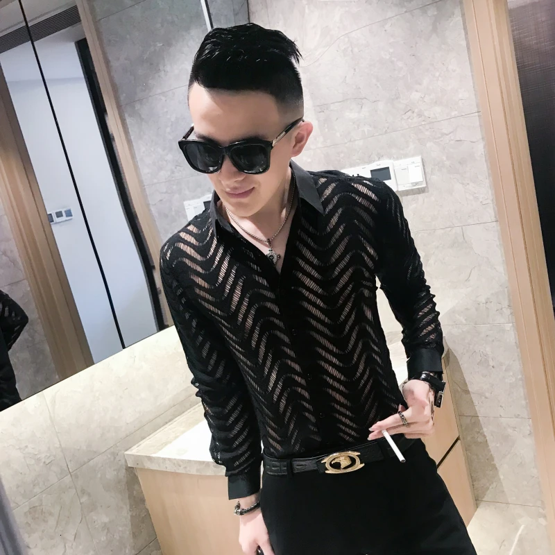 Transparent Shirt Summer Short Sleeve Shirt Camisa Hombre Stitching Stripe Shirt See Through Shirt Men Chemise Homme Marque Luxe