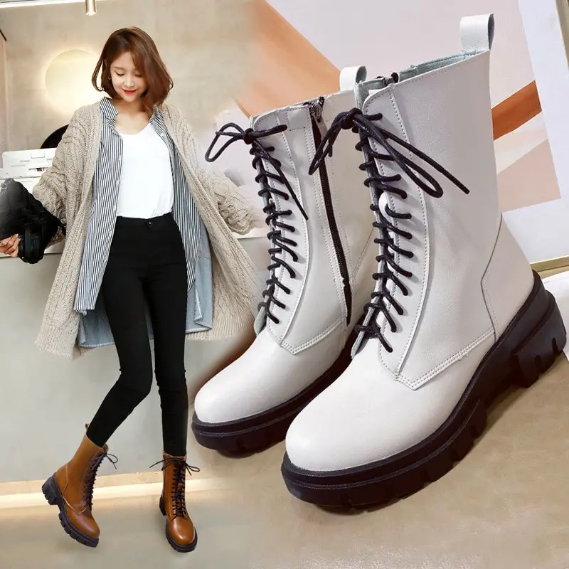 

Women Ankle Boots Round Toe 5.5cm Heel Zip And Lace Up Round Toe Woman Fashion Shoes Non-slip Black Basic Size 35-40
