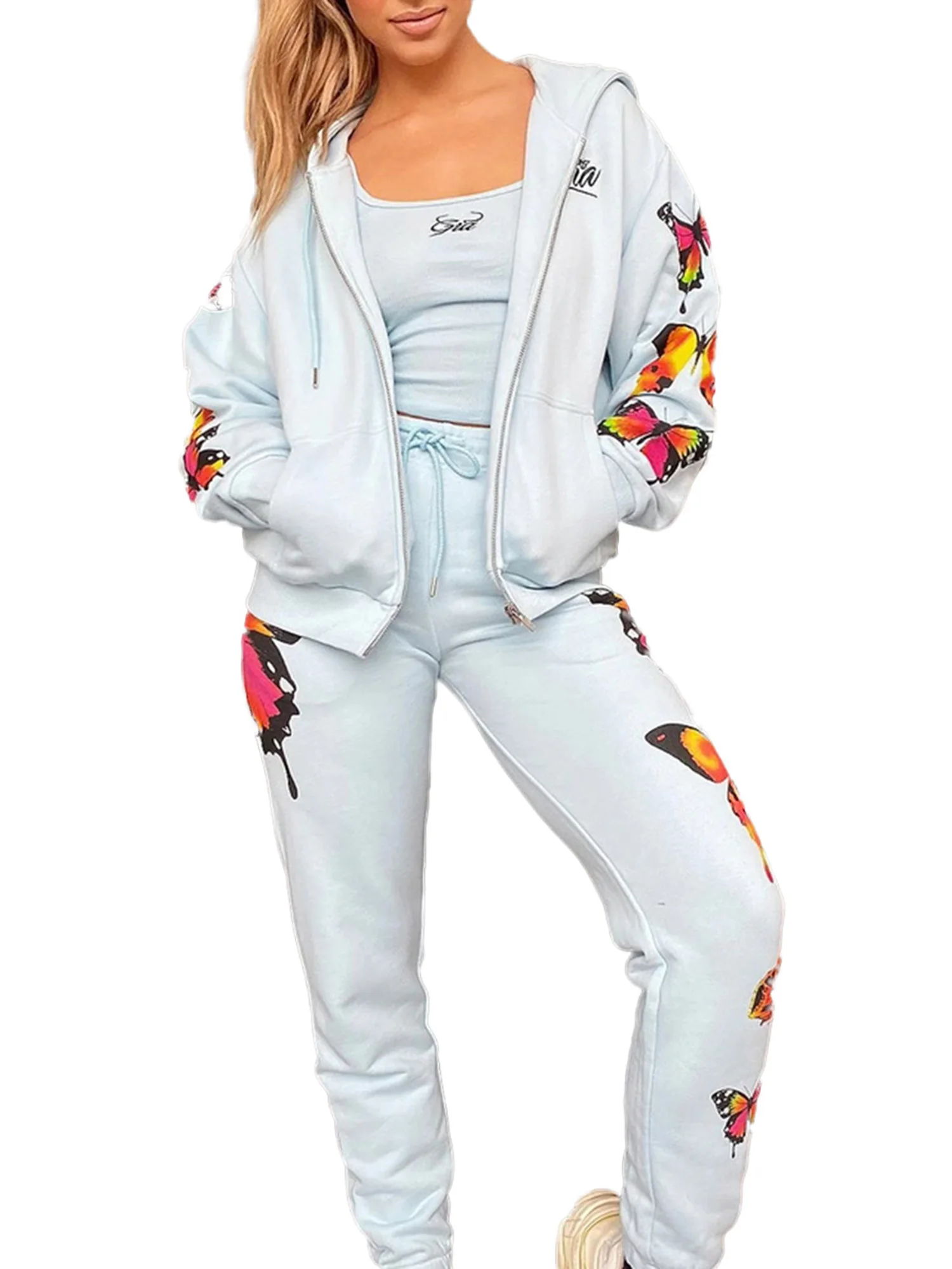 Женская одежда на тонких бретельках майка с низким вырезом + толстовка молнии