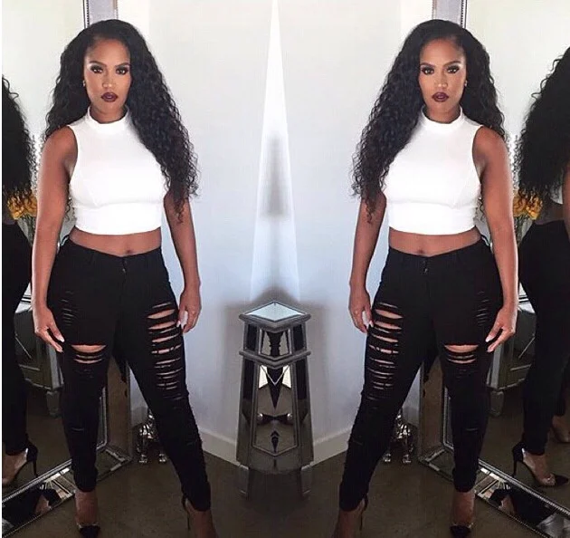 

Big Hole Jeans Women's Fashion Personalized Worn Elastic Leggings Bodycon Flower Pattern Pants Slim Summer Pants