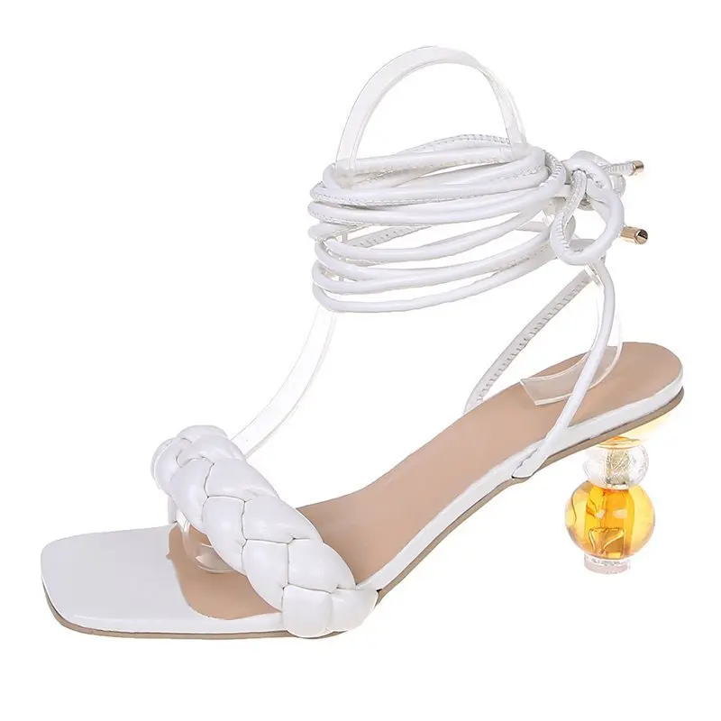 

Cross-Shoes Beige Heeled Sandals Large Size Breathable 2021 Summer Square Toe Two Weare Black Big High New Lace Up Fashion Girls