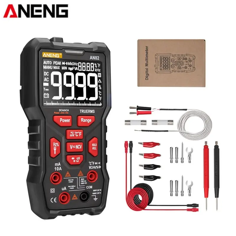 

Цифровой мультиметр ANENG AN82, профессиональный 9999 тестер, DIY транзисторный конденсатор NCV, истинное среднеквадратичное значение, аналоговый и...
