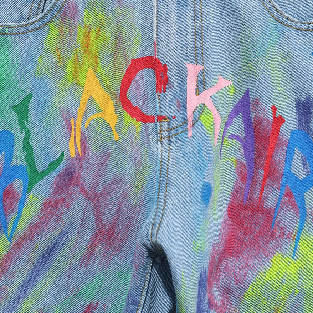 

Aolamegs Jeans Men Colorful Harajuku Graffiti Printed Flare Denim Pants Men Casual Trousers High Street Hip Hop Style Streetwear