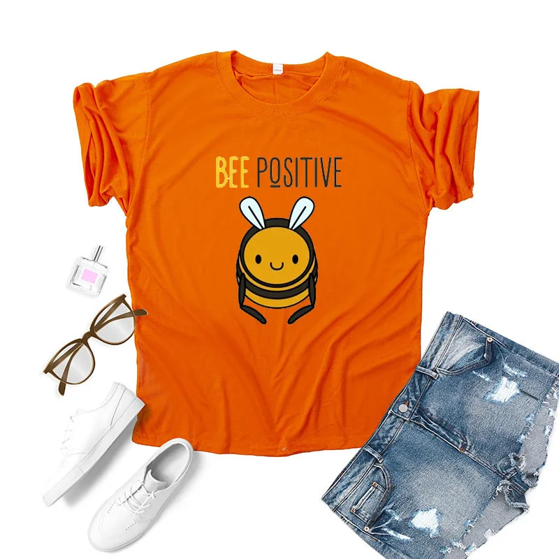 

Bee Positive Letter Print T Shirt Women Short Sleeve O Neck Loose Tshirt Summer Women Tee Shirt Tops Camisetas Mujer