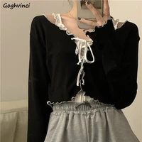 women long sleeve t shirts lace up patchwork ruffles trendy sweet lovely crop tops sexy females leisure chic all match outwear