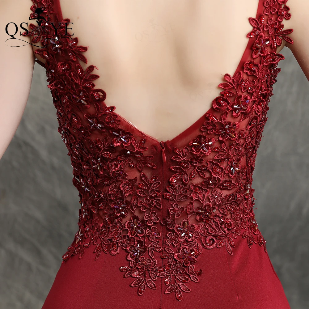 

Red Lace Prom Dresses Bead Crystals Mermaid Evening Gown Women Appliques Long Formal Dress Sexy V Neck Celebrity Party Dresses