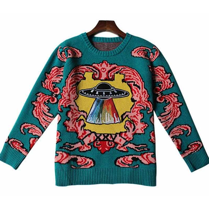 

Streetwear Women‘S Warm Sweaters Printed Knitting Tops Loose O-Neck Pullover Vintage Ladies Knitwear Женский свитер