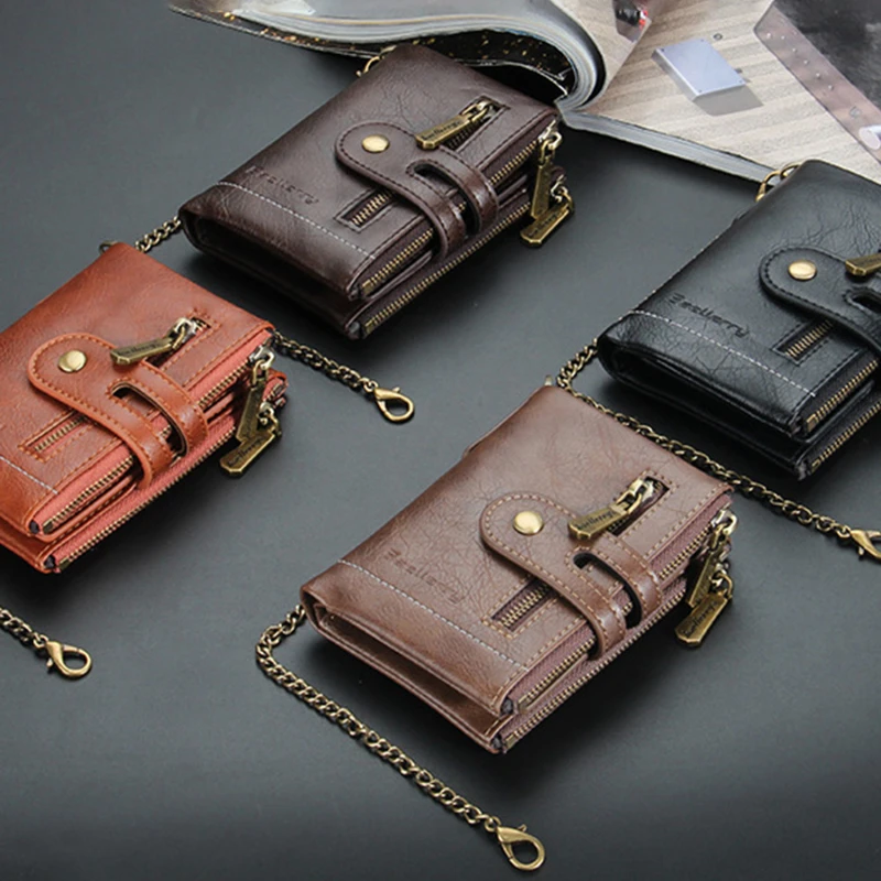 

Vintage Men's Wallet PU Leather Short Male Wallet Multi-card Male Purse Zipper Poucht Retro Three Fold Chain Money Bag New