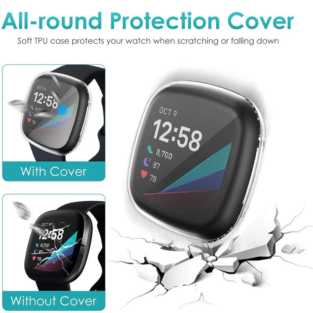 

For Fitbit Sense/Versa 3 Screen Protector Case, TPU Rugged Bumper Cover All-Around Protective Plated Shell Accessories Scra