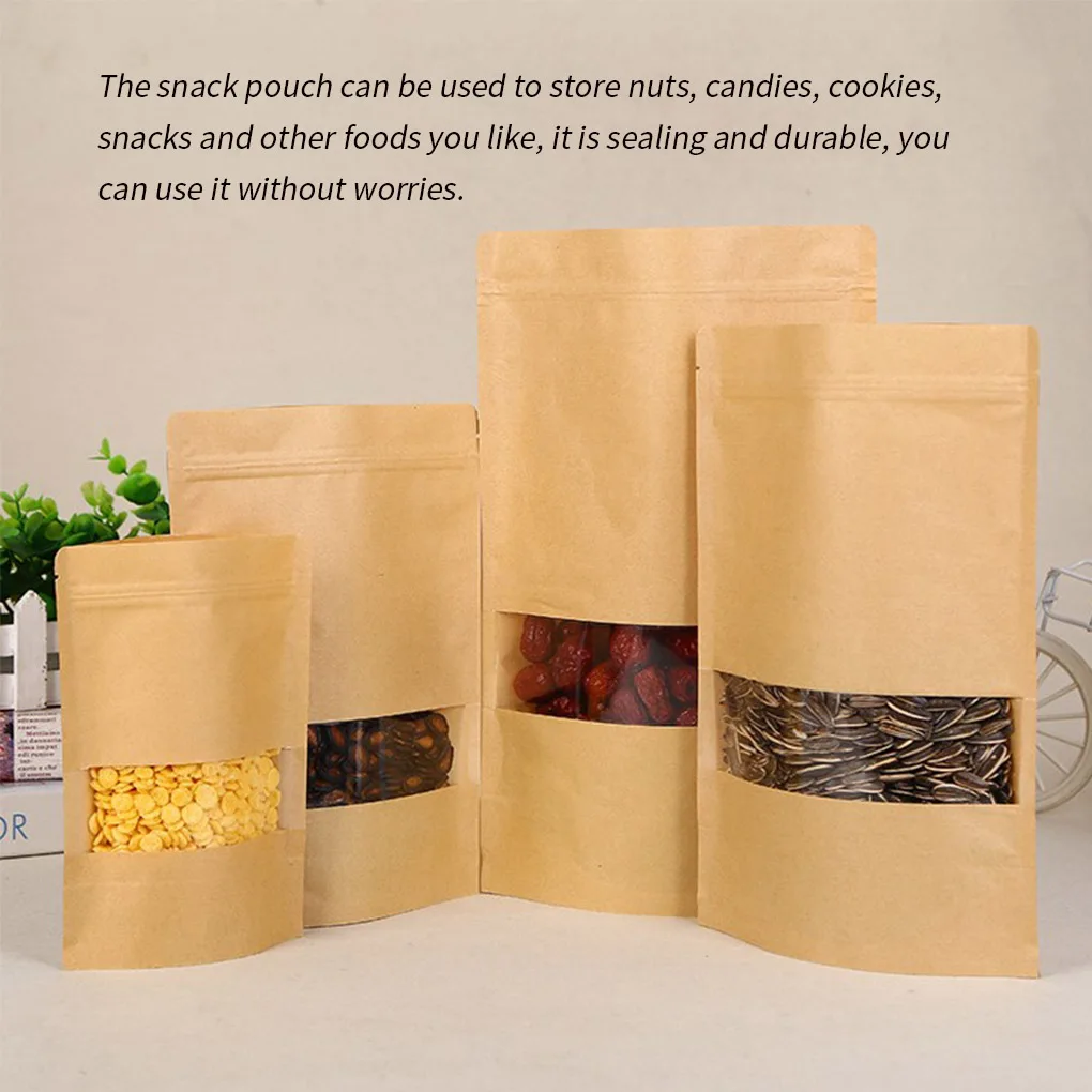 

10pcs Kraft Paper Bags Zip Lock Brown With Window Stand Up Resealable Grip Ziplock Pouches Tea Coffee Bean Candy Packaging Food