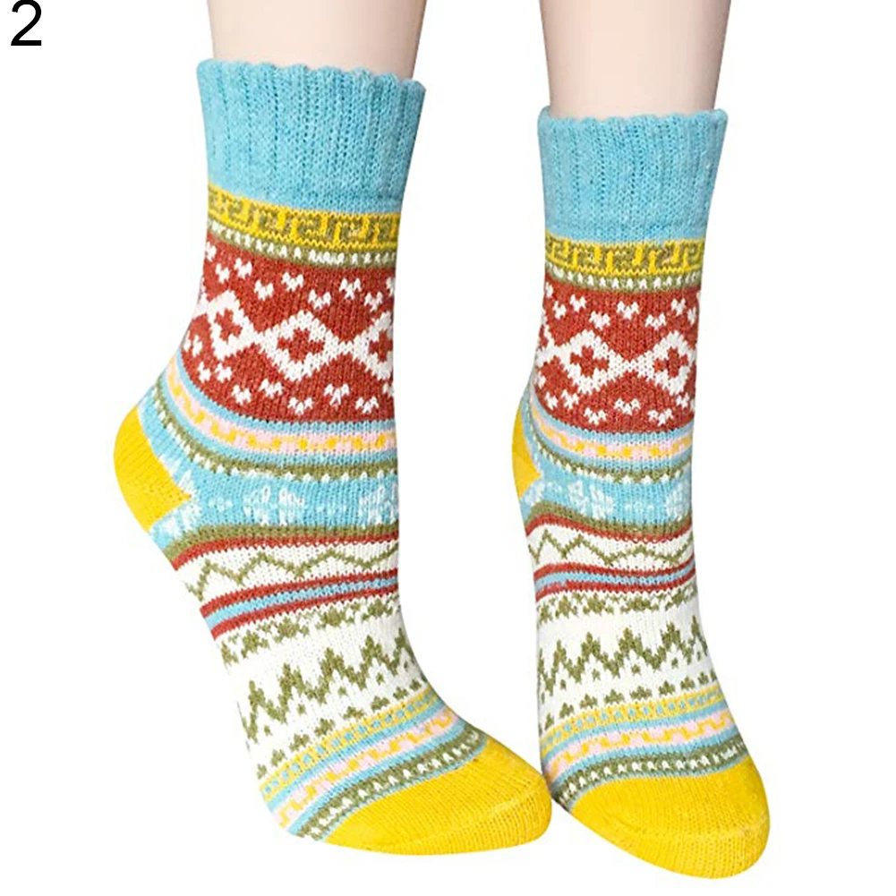 Винтажные зимние женские толстые теплые вязаные шерстяные цветные носки средней