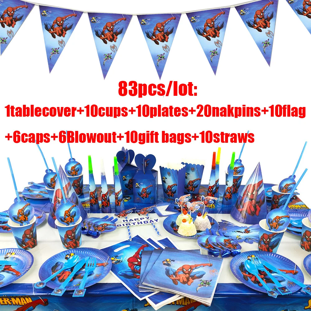

83pcs Spiderman Birthday Party Set Decoration Paper Cup Plate Straw Nakpin Flag Kids Boy Children Day Super Hero Party Supplies