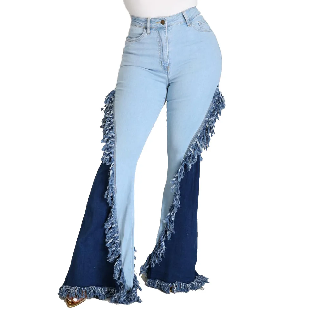 Streetwear Patchwork Jeans Women Tassel Flare Jeans Fashion High Waist Bell Bottom Jeans y2k Jeans Sexy Wide Leg Pants