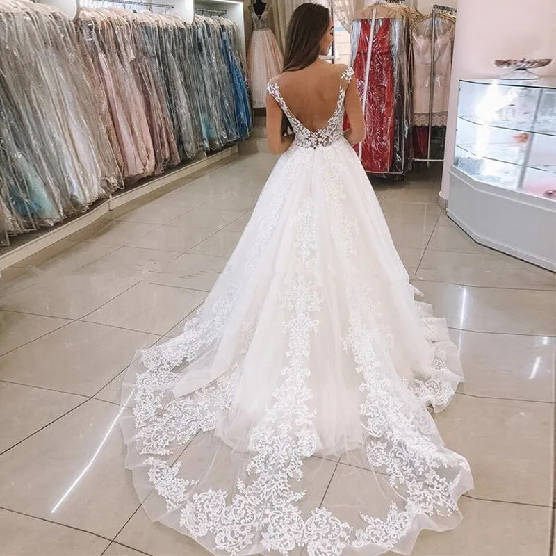 

Lover Kiss Vestido De Noiva Lace Wedding Dresses Cap Sleeves Open Back Sheer O-Neck A-Line Bridal Gowns Robe De Mariee