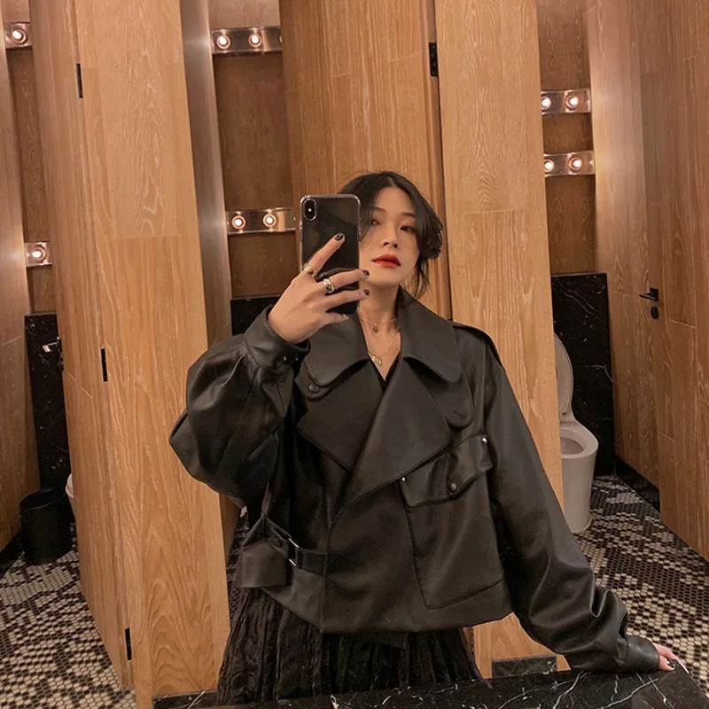 

Korean Black Faux Leather Coat Women Spring Autumn High waist Short Loose Lapel Long sleeve Casual Big Pocket Moto Biker Jacket