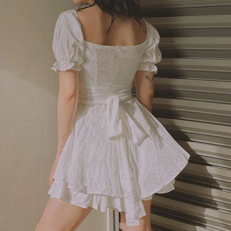 

Vintage Square Collar Solid Summer Dresses Korean Cute A-line Sexy Outfits Elegant Puff Sleeves Mini Dress Party Cuteandpsycho