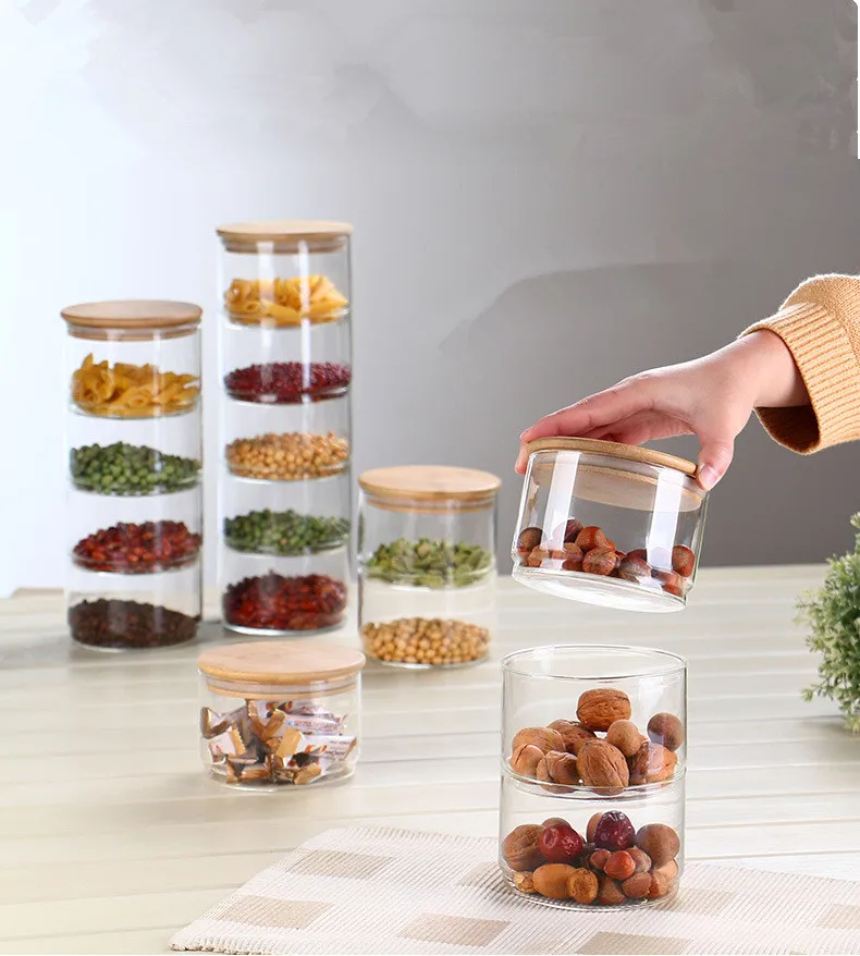 1PC Free Combination Food Storage Glass Jar Kitchen Bottles Sealed Cans with Bamboo Cover Jars Tea Bo JO 1083 |