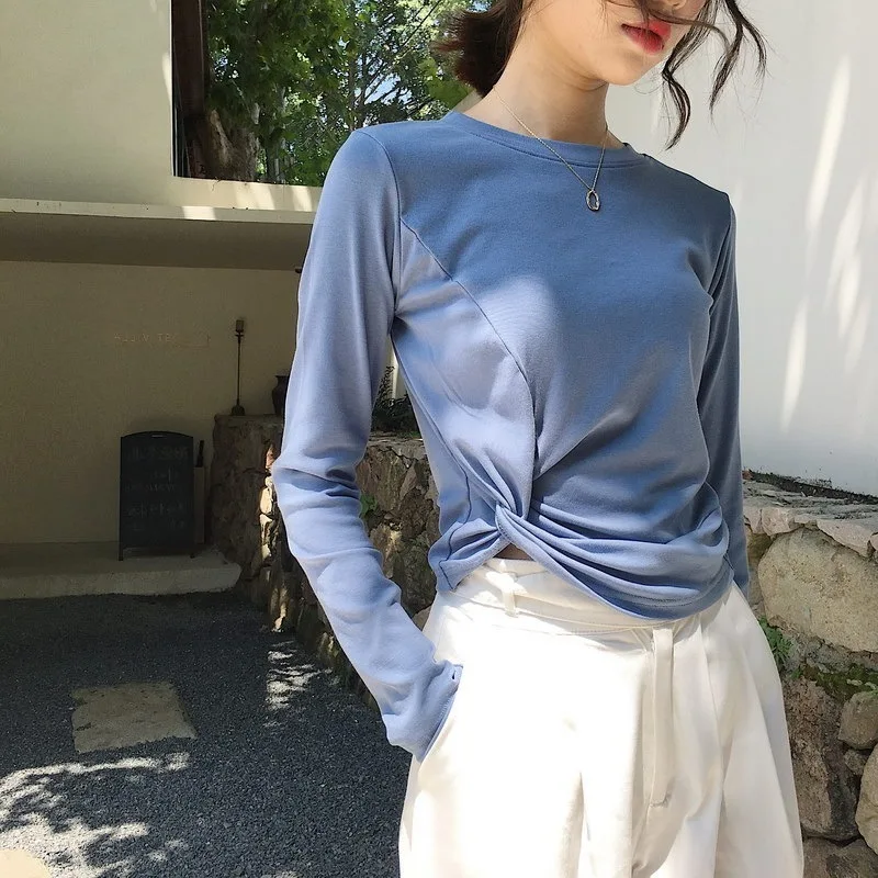 

T-shirt female 2020 autumn round neck long-sleeved student solid color bottoming shirt