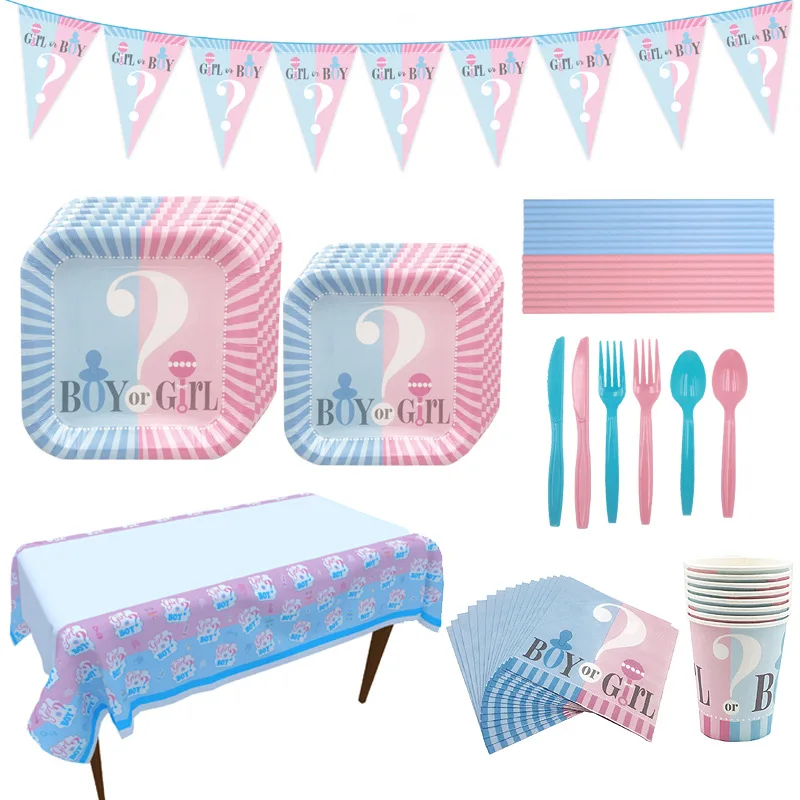 

Gender Reveal Party Tableware Set Disposable Square Plate Paper Cup Napkin Tablecloth Spoon Supplies Birthday Decoration Props