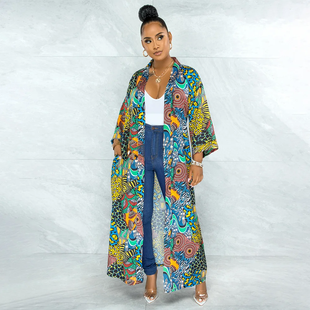 

Indie Folk Style Geometric Pattern Cardigan for Women Long Sleeve Extended Edition Jacket Autumn Fall Bohemian Open Stitchs