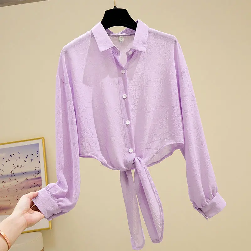 

2021 Female New Korean Chiffon Long Sleeve Loose Short Blouses Shirts Summer Women's Solid Sun-protective Thin Tops Outwear L106