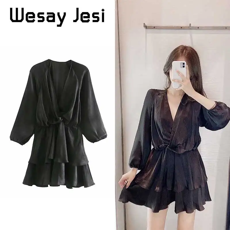 Женское осеннее платье с длинным рукавом v образным вырезом и рюшами в богемном