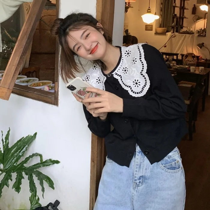 Женский однобортный свитер с кружевными лацканами Новинка осени 2021 модный